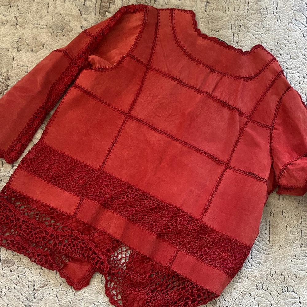 Red Crochet Leather Patch Jacket - image 7